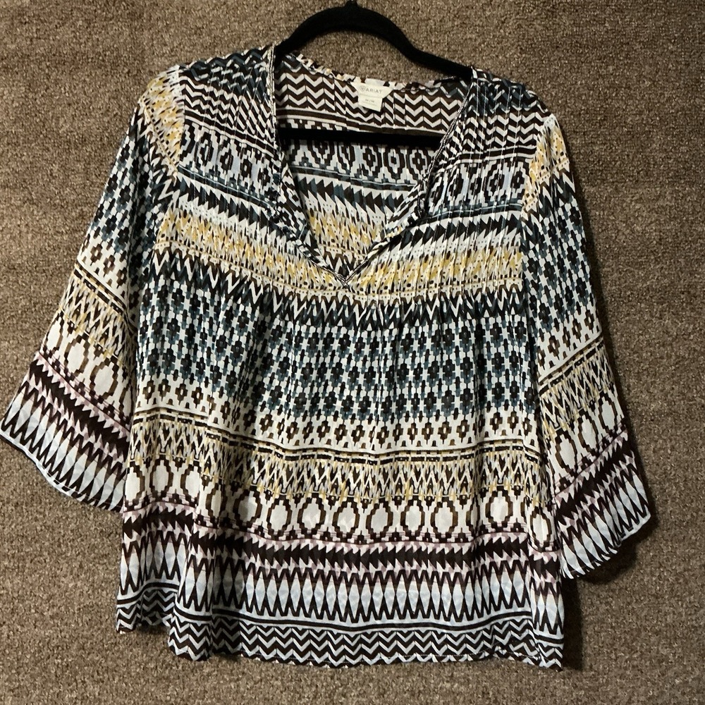 Ariat Sheer Aztec Print Top Beaded Neck Line NEW No Tag M Browns 3/4 Sleeves